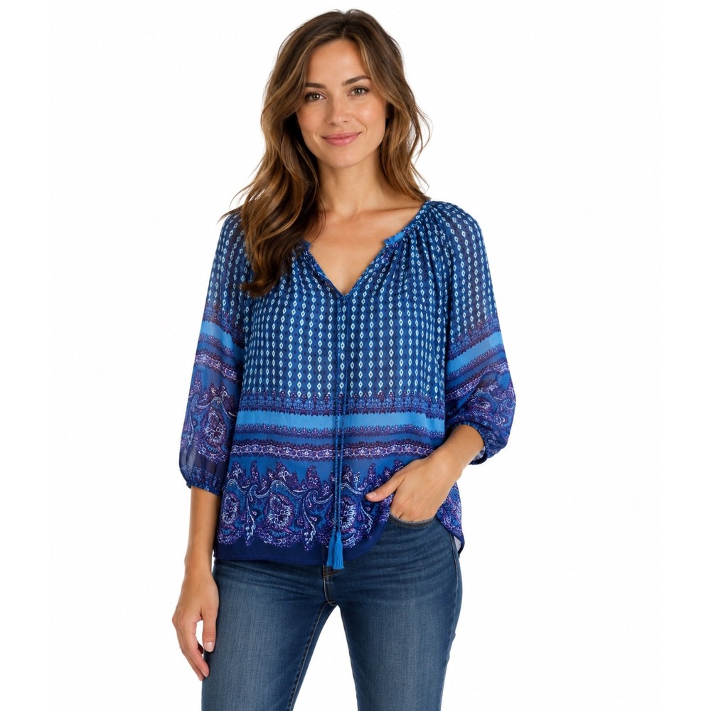 Cynthia Rowley Peasant Blouse OS Medium‎ Blue Paisley Tassel Excellent Boho Top